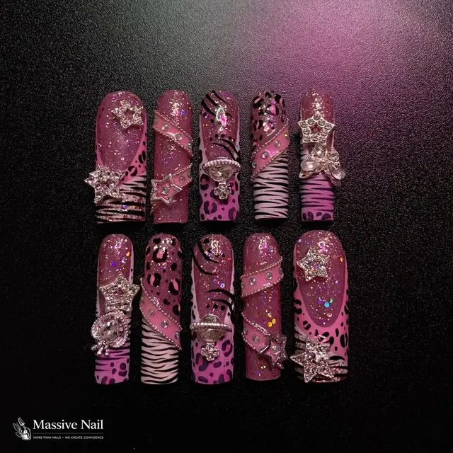 Purple leopard and zebra nails with stars